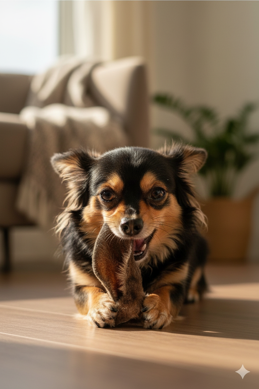 Small dog chewing kangaroo ear treat