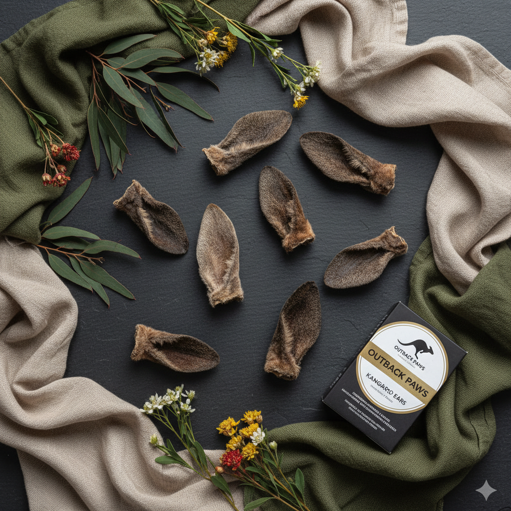 Flat lay of kangaroo ears with eucalyptus leaves