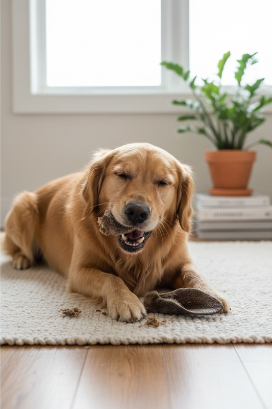 Dog enjoying kangaroo ear treat lifestyle shot